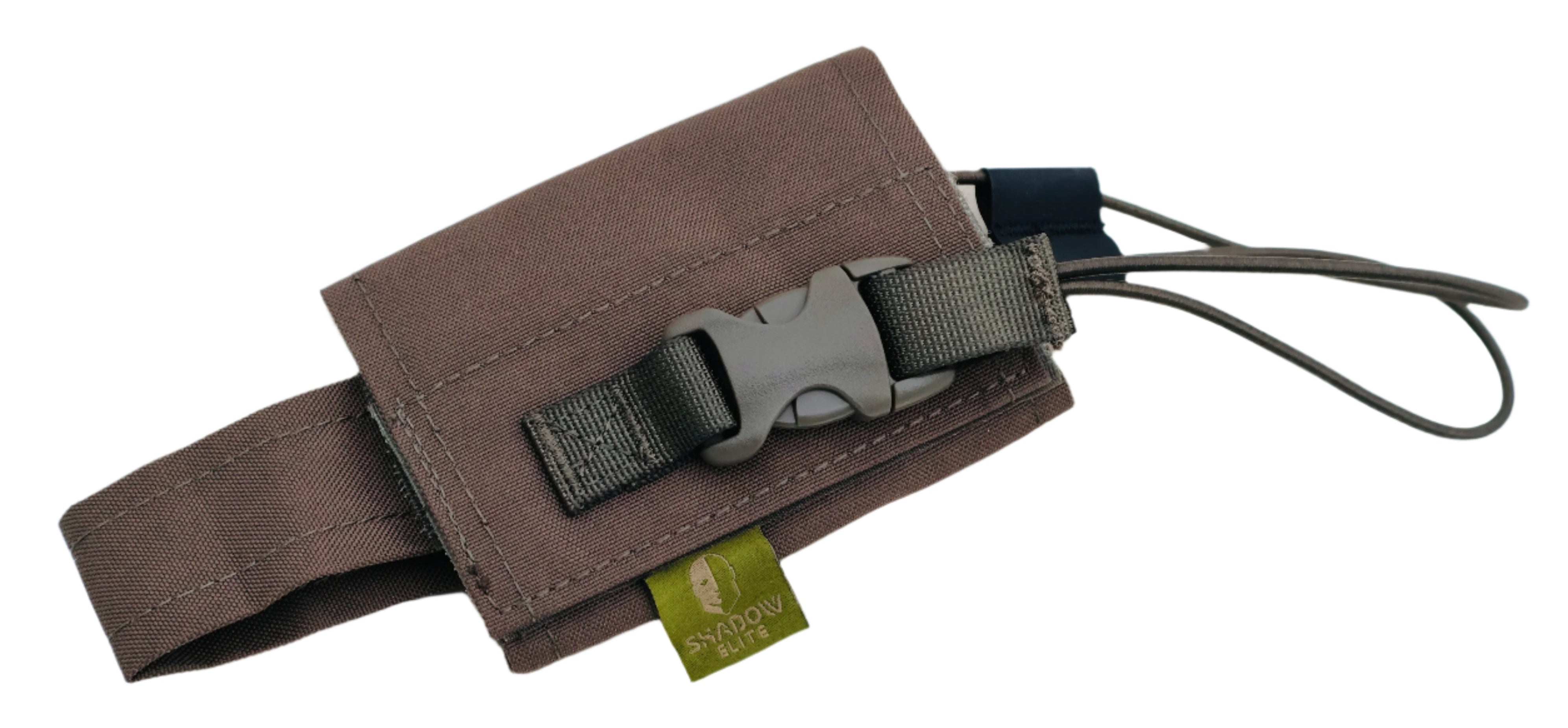 front side view of A Ranger Green fully adjustable radio pouch with a buckle closure and an adjustable strap.