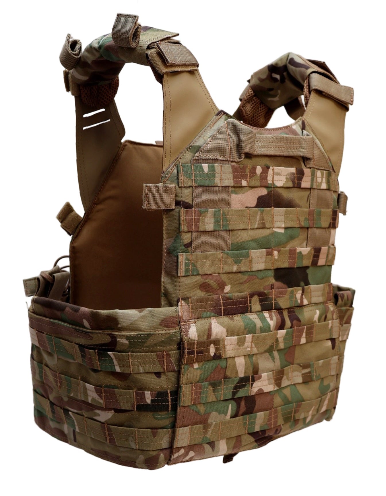 Multicam Camouflage tactical vest with multiple pouches on a white background