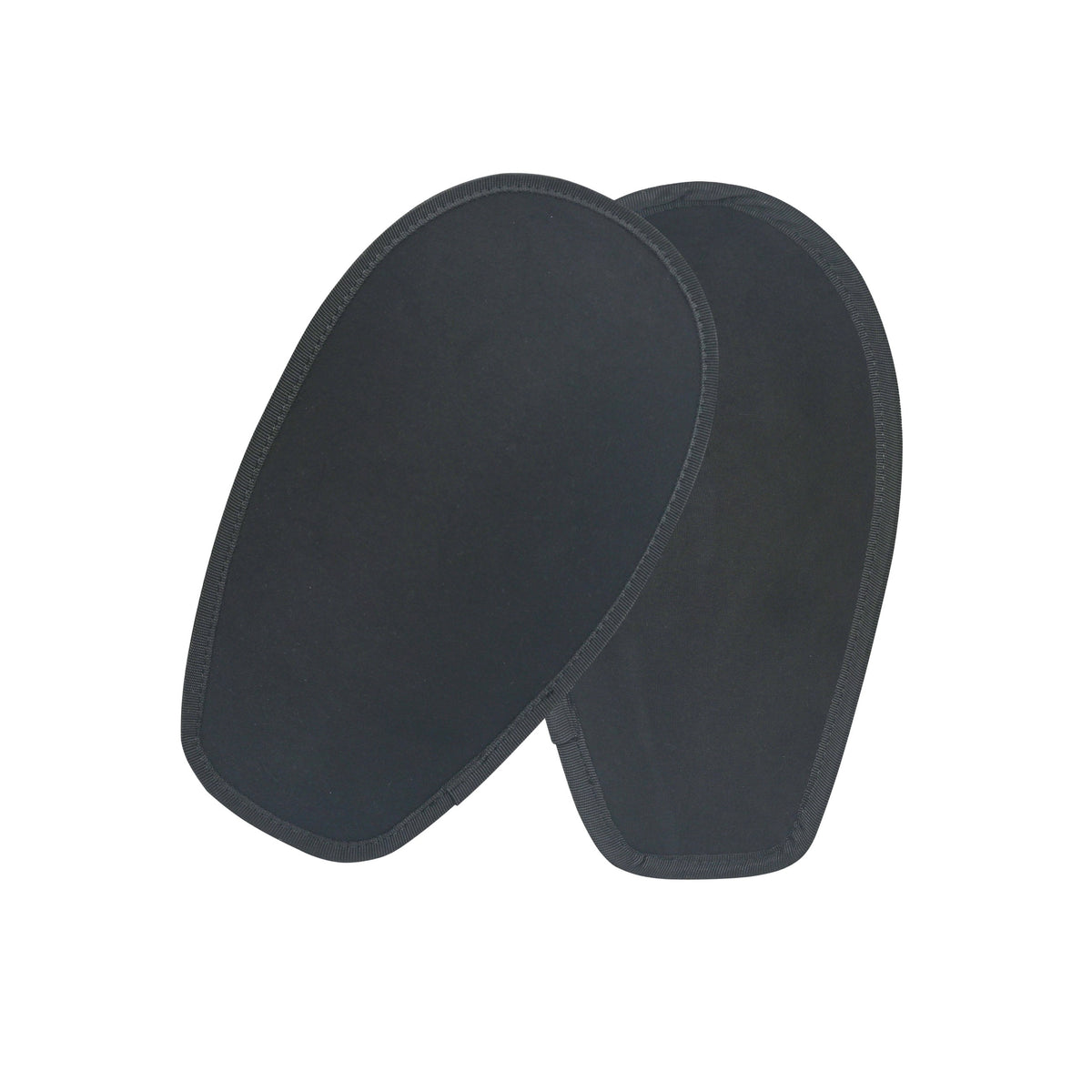 Two black contoured shoe inserts shown overlapping on a plain white background.