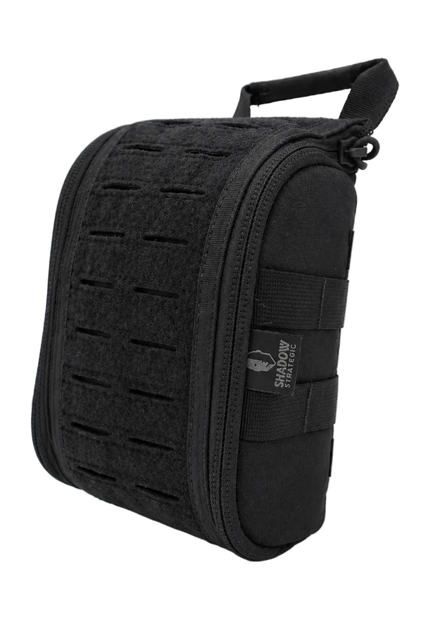 SHS-1723 IFAK MOLLE Pouch – Tactical Medical Organiser Black tactical pouch with multiple straps on a white background