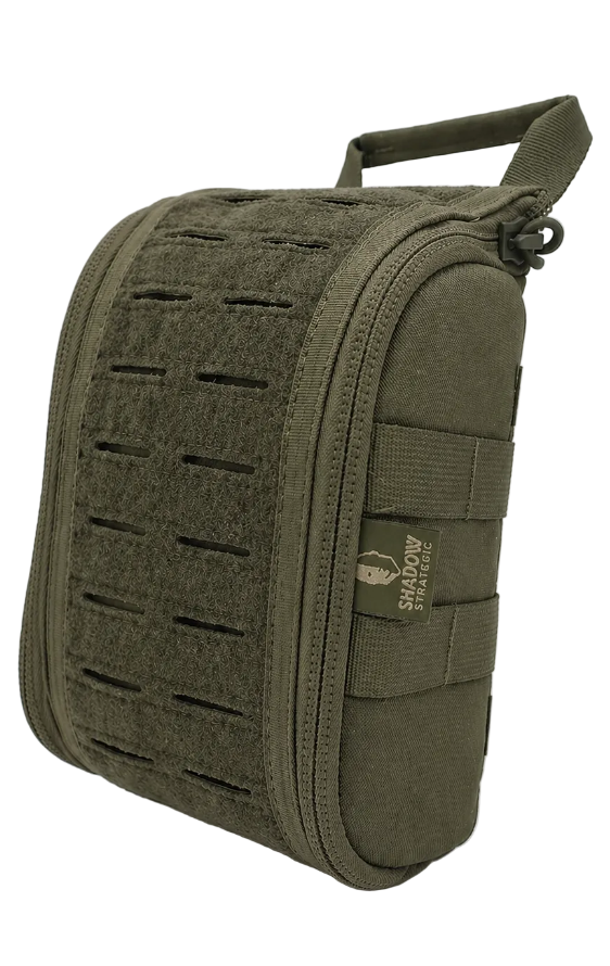 SHS-1723 IFAK MOLLE Pouch – Tactical Medical Organiser Ranger Green tactical pouch with multiple pockets on a white background