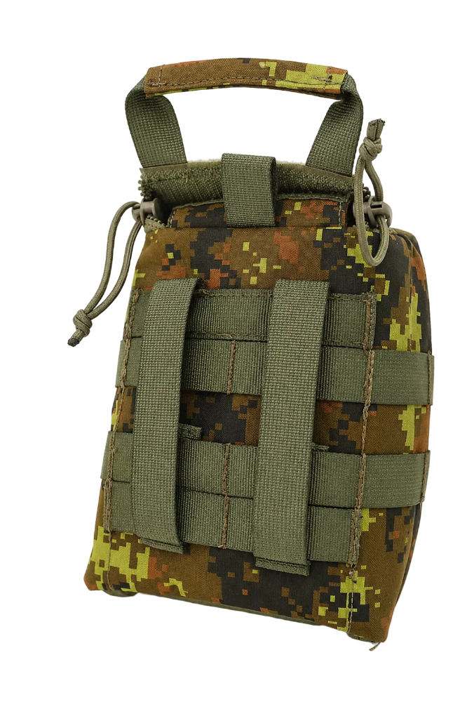 SHS-1723 IFAK MOLLE Pouch – Tactical Medical Organiser CADPAT Camouflage pouch with multiple straps on a white background