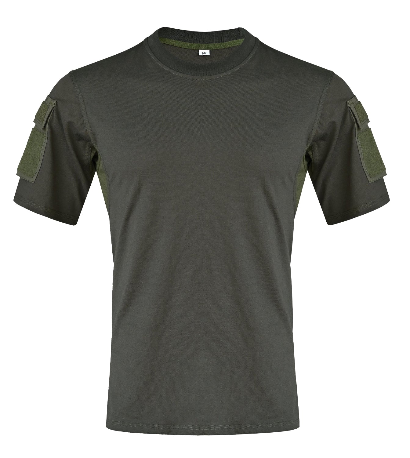 A OD Green combat t-shirt with short sleeves, featuring reinforced shoulder patches and pockets on the sleeves.