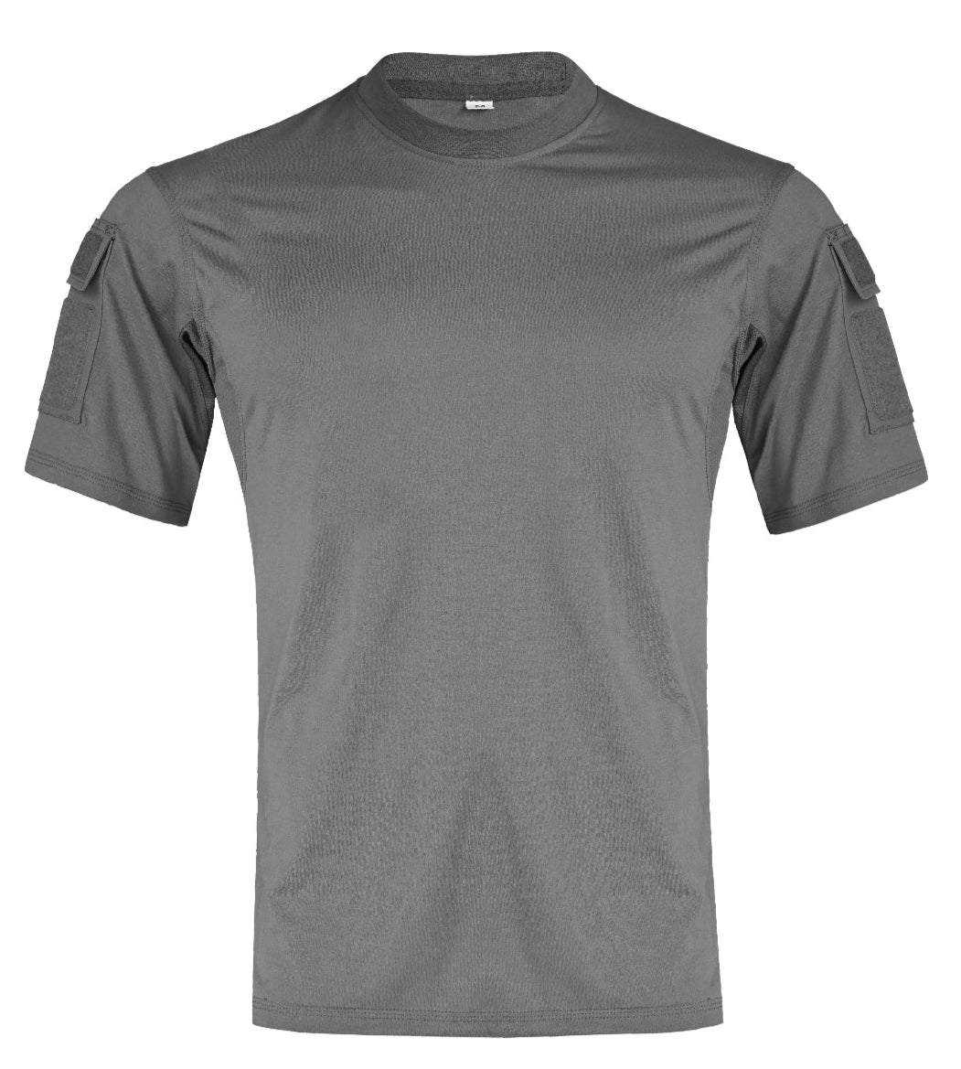 A gray combat t-shirt with short sleeves, featuring reinforced shoulder patches and pockets on the sleeves.