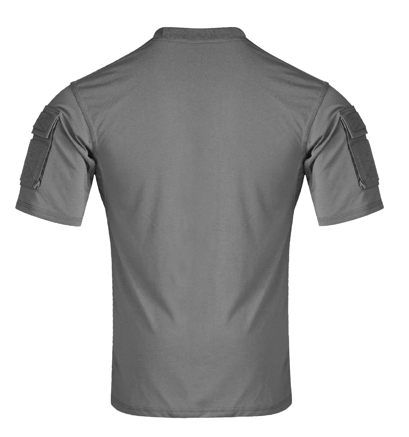 backside view of A Grey combat t-shirt with short sleeves, featuring reinforced shoulder patches and pockets on the sleeves.