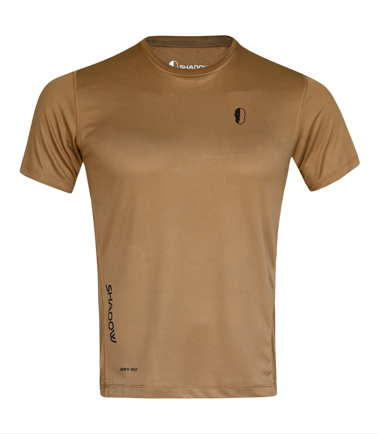 front side view of Coyote,Tan Printted crew neck tactical t-shirt with short sleeves and a logo on the chest.