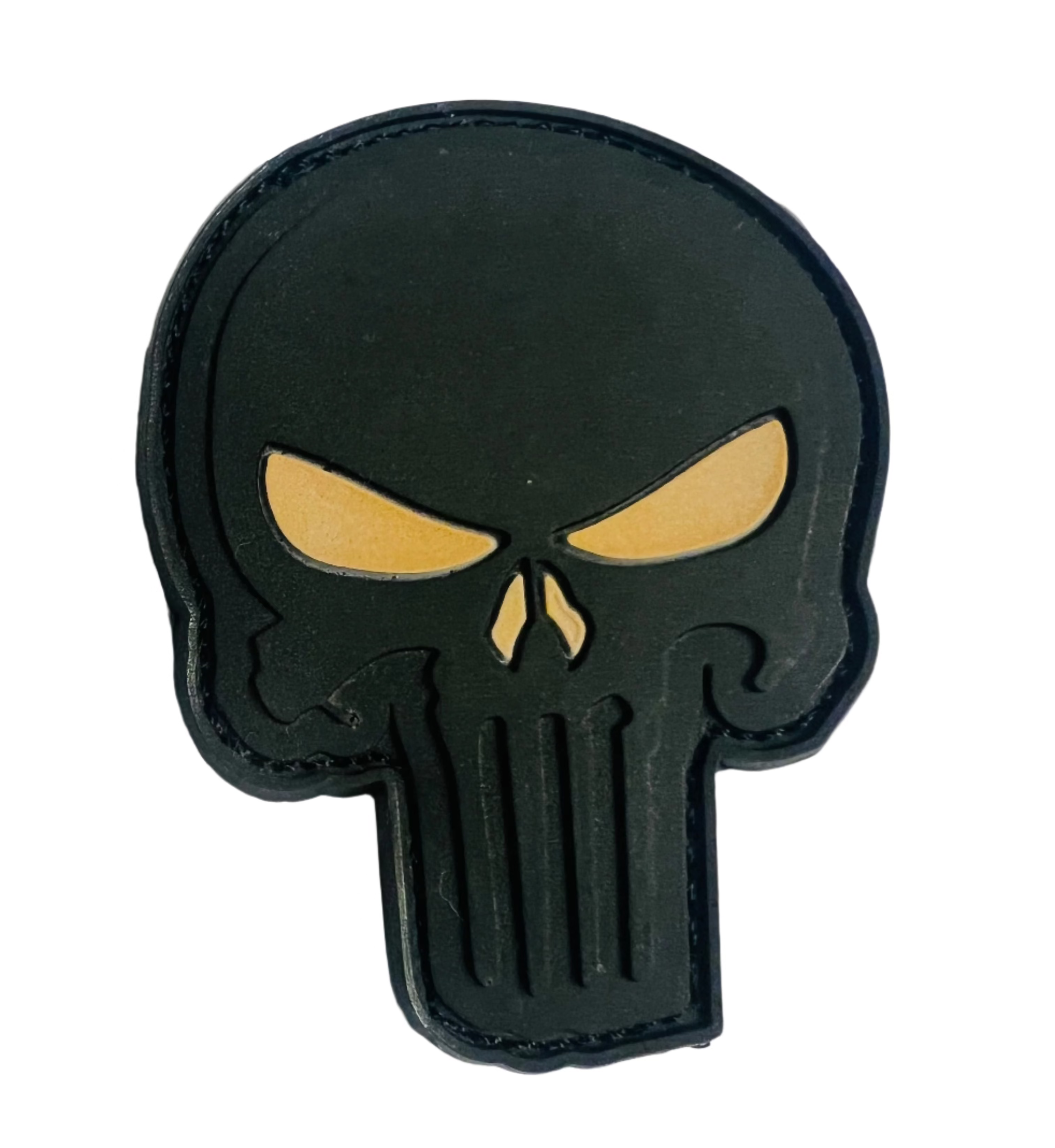 Black and gold Punisher skull patch on a white background