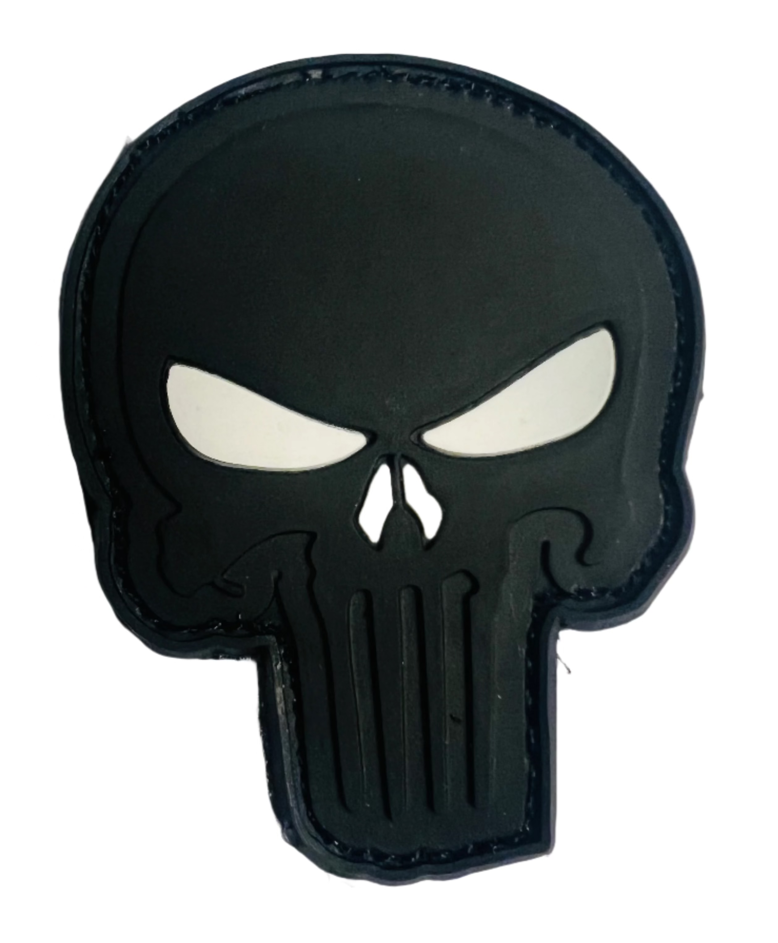 Black and white Punisher skull patch on a light gray background