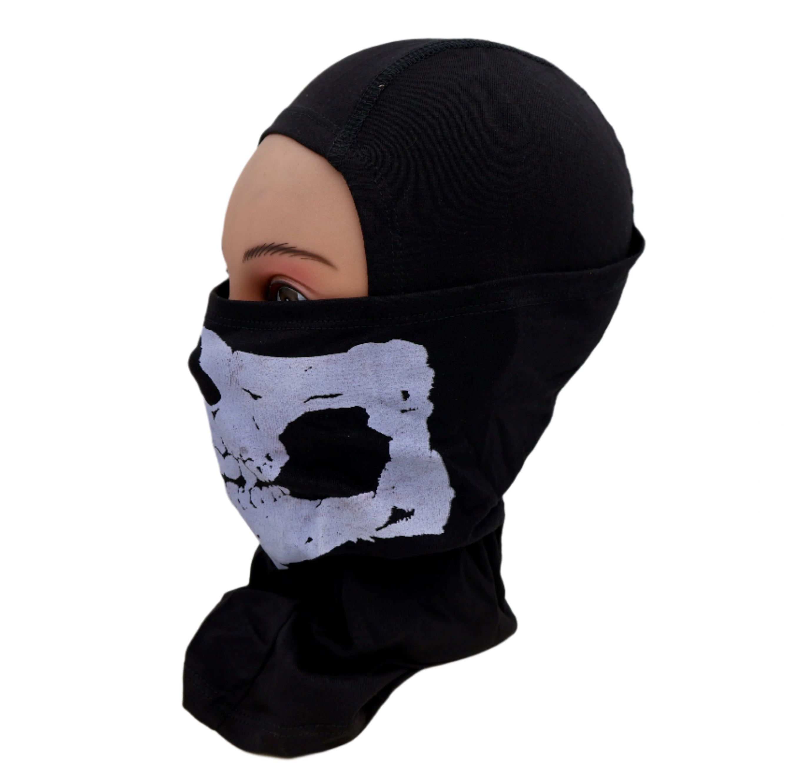 Black balaclava with a white skull design on a white background