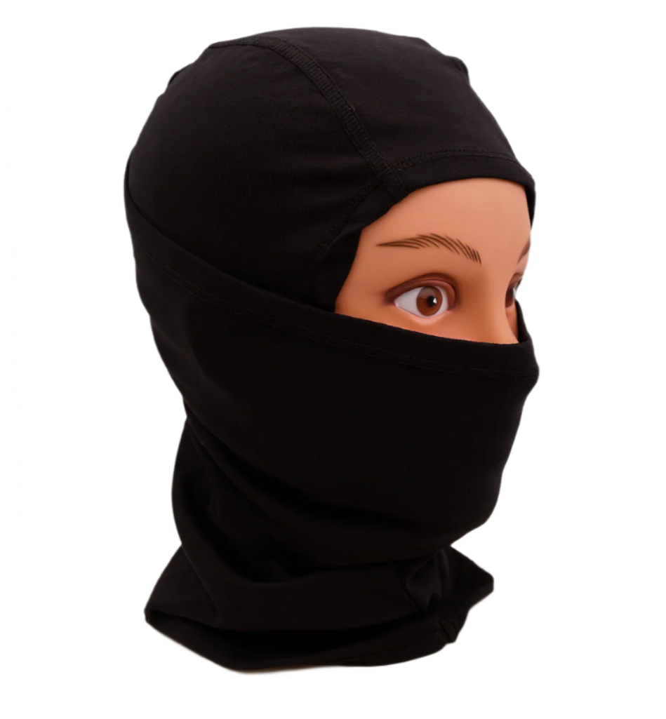 Black headscarf worn by a mannequin against a white background