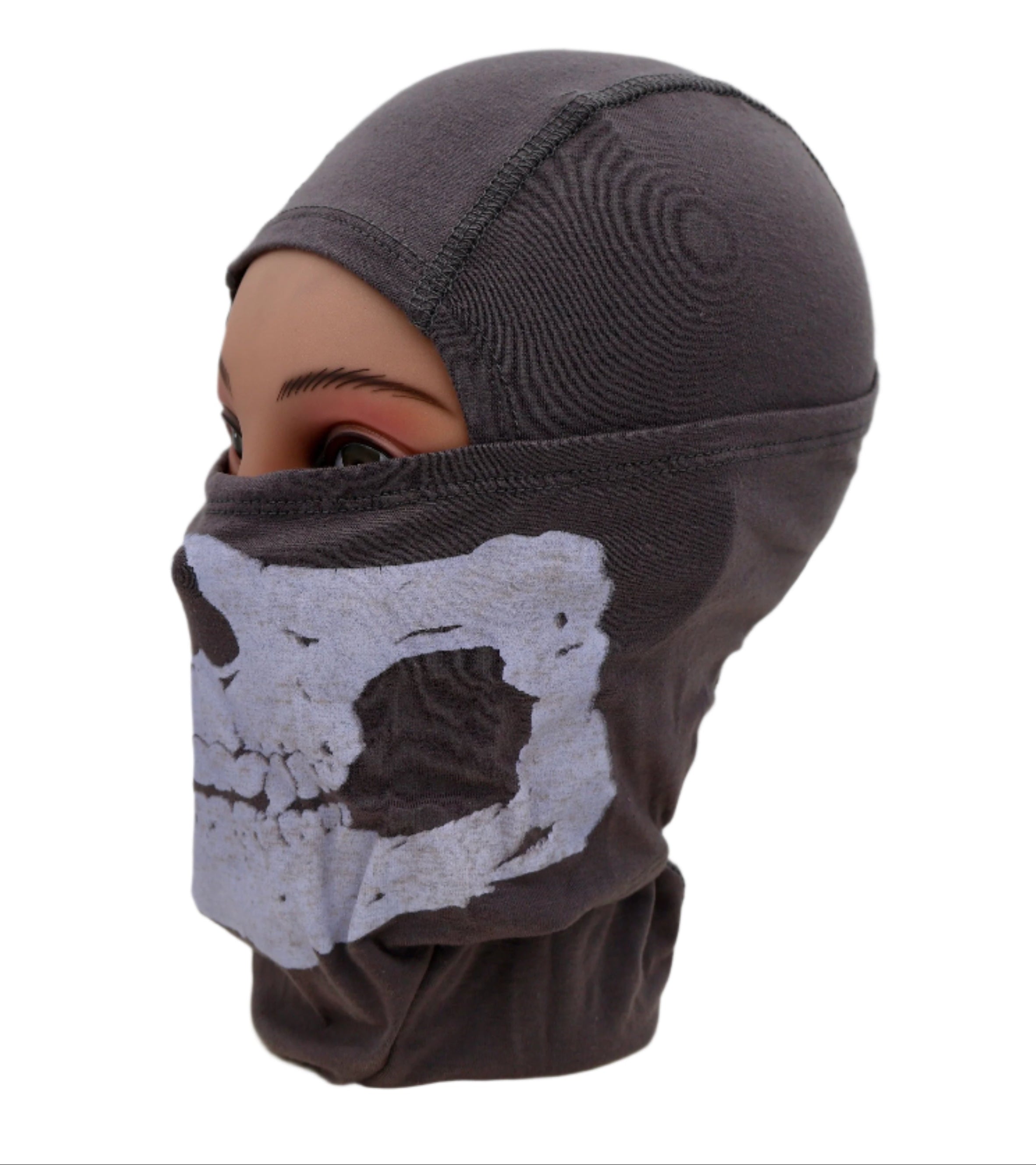 Person wearing a dark gray balaclava with a skull design on a white background