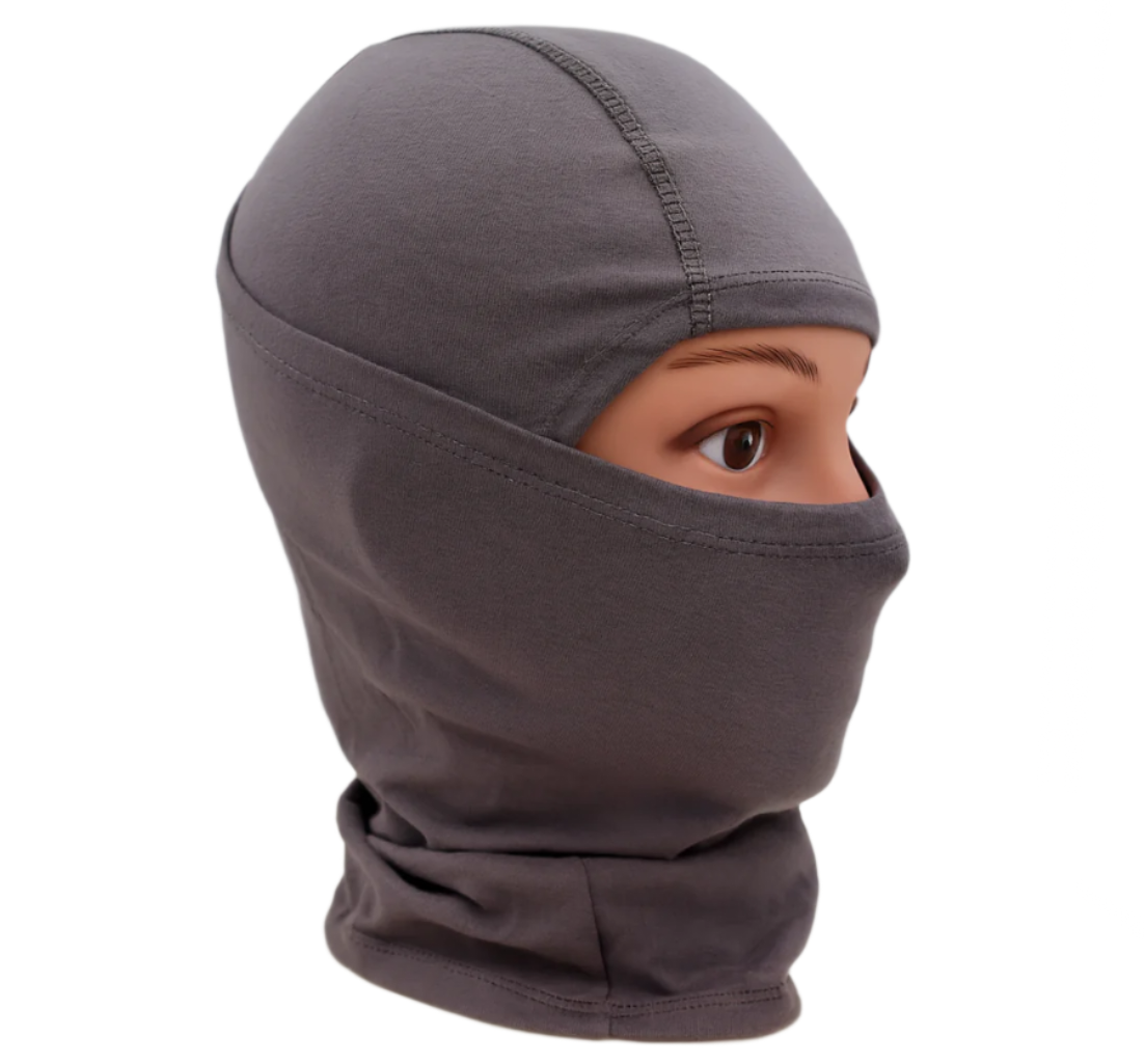 Gray balaclava worn by a mannequin head against a white background