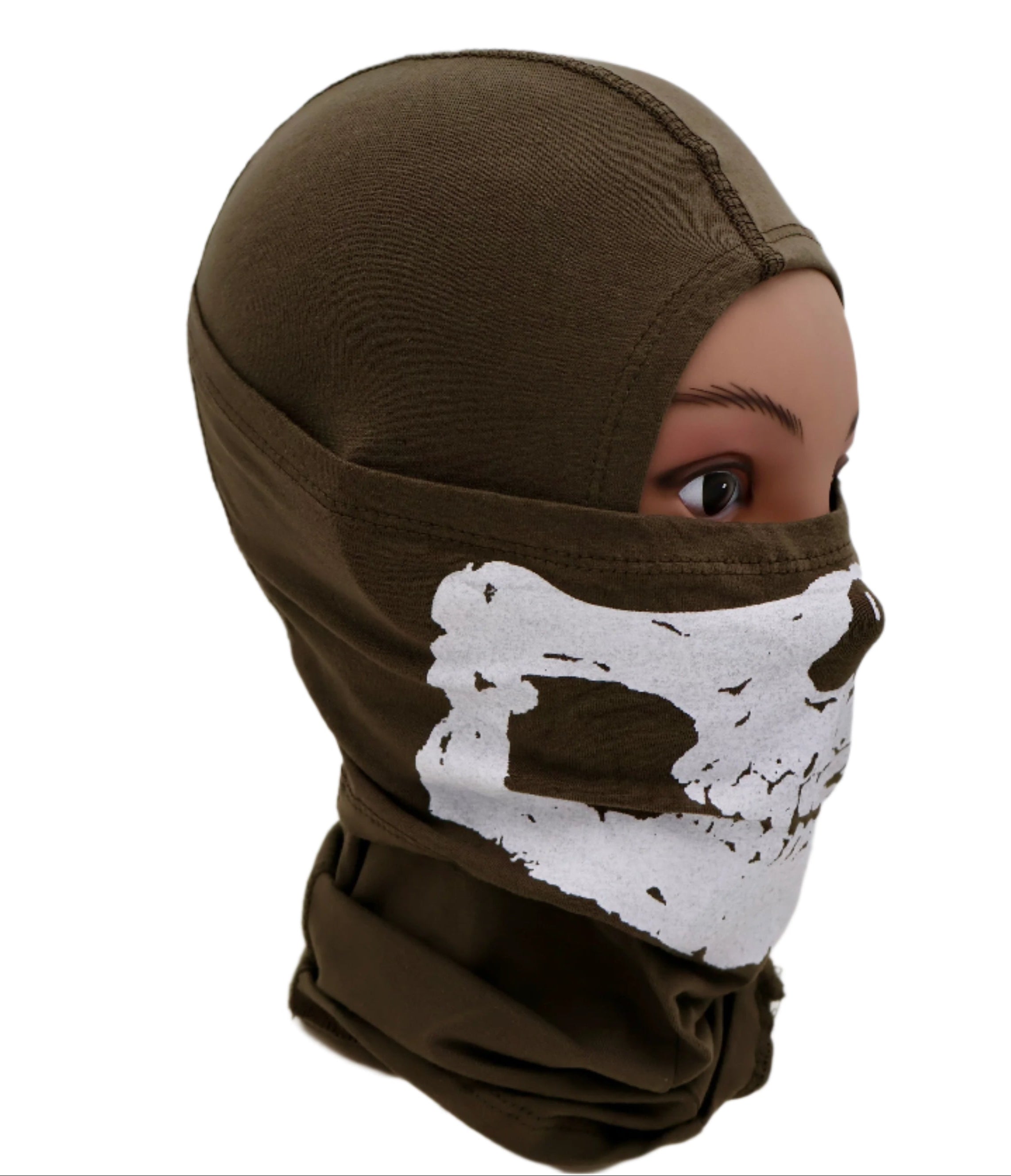 Mannequin head wearing a brown balaclava with a white skull design on a neutral background