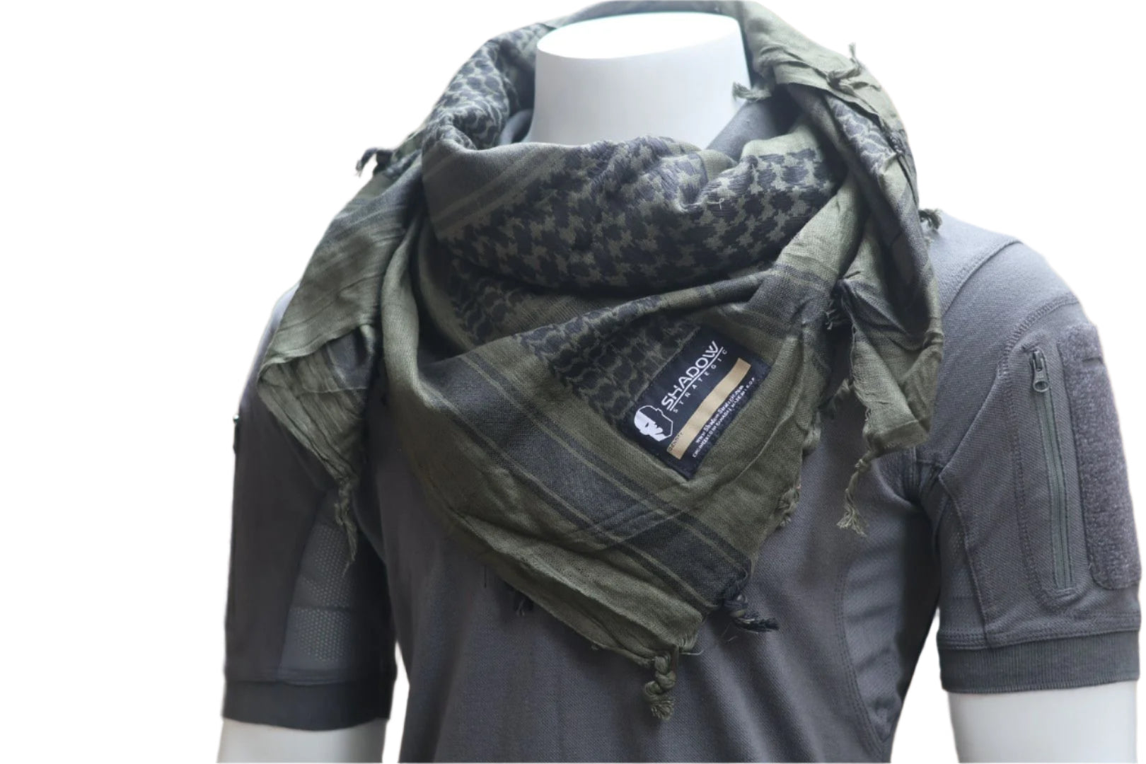 Smokey Green tactical scarf on a mannequin with a white background
