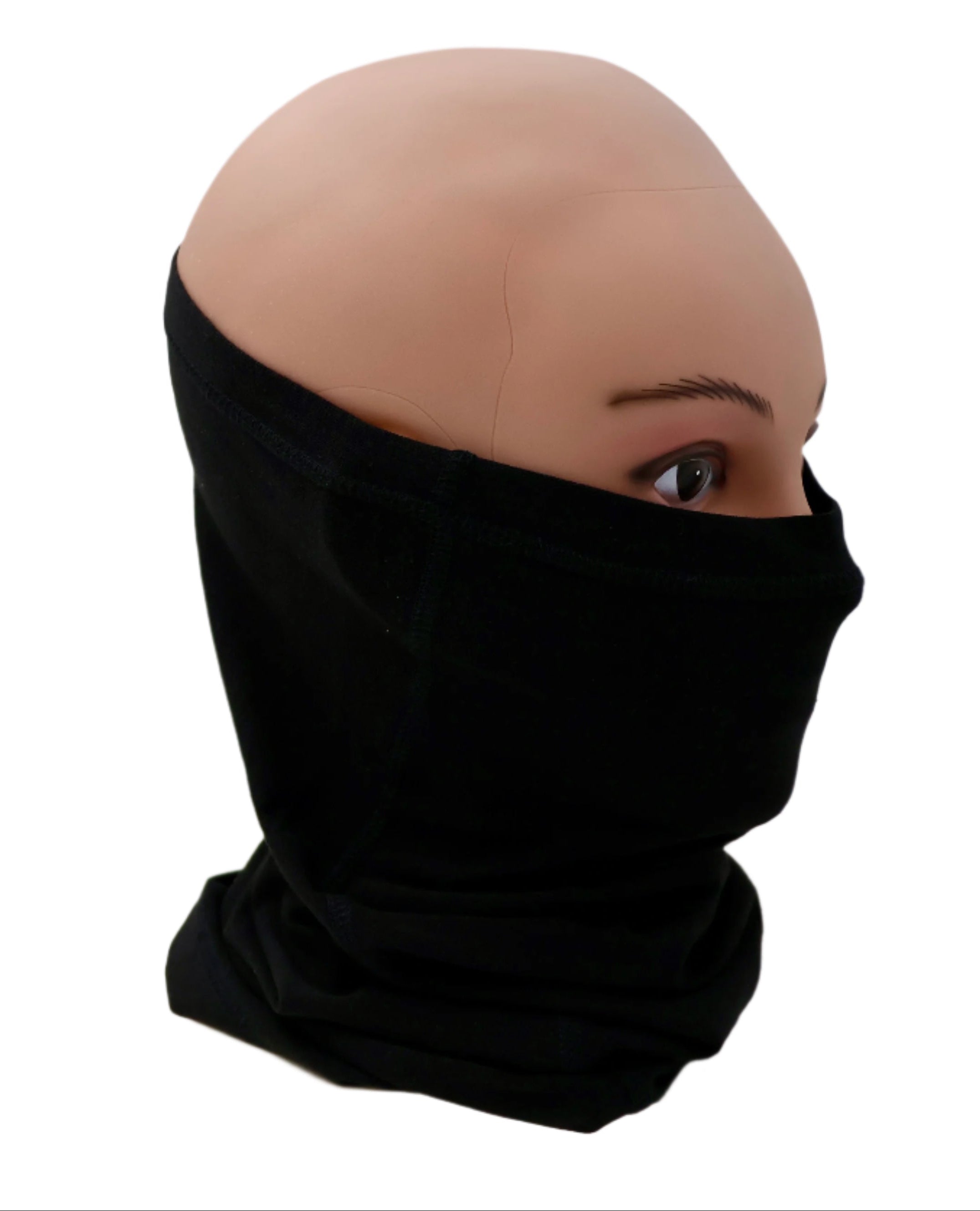 Mannequin head wearing a black balaclava against a white background