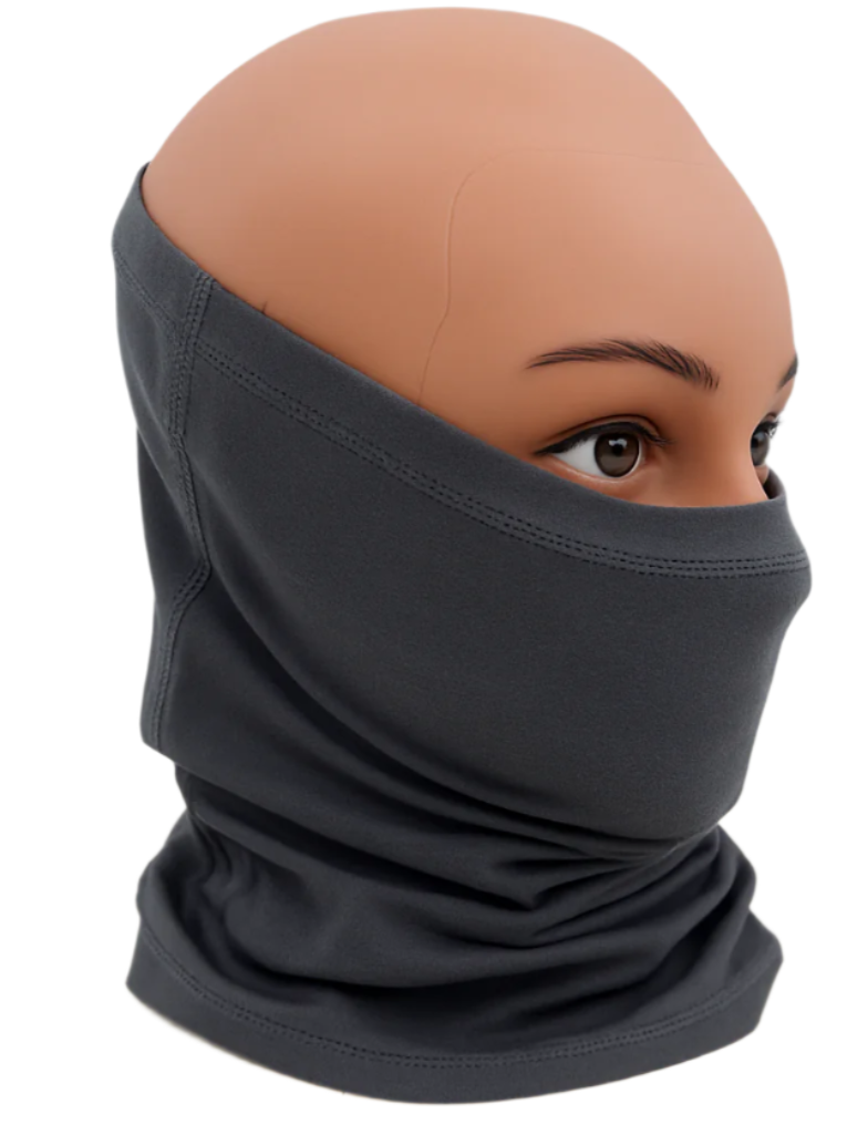 Grey Neck gaiter balaclava worn by a mannequin on a white background