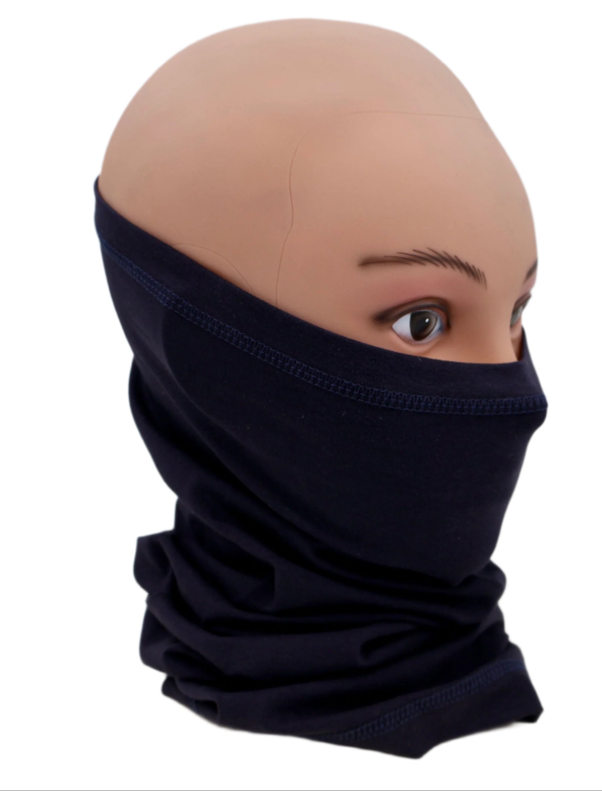 Mannequin head wearing a Navy Blue Neck gaiter against a white background