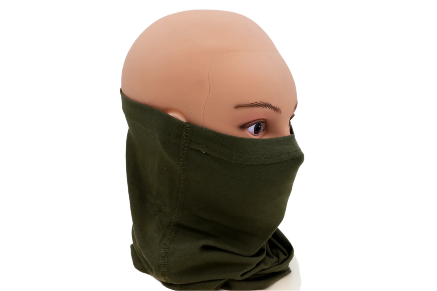 Mannequin head wearing an olive green Neck gaiter against a light gray background