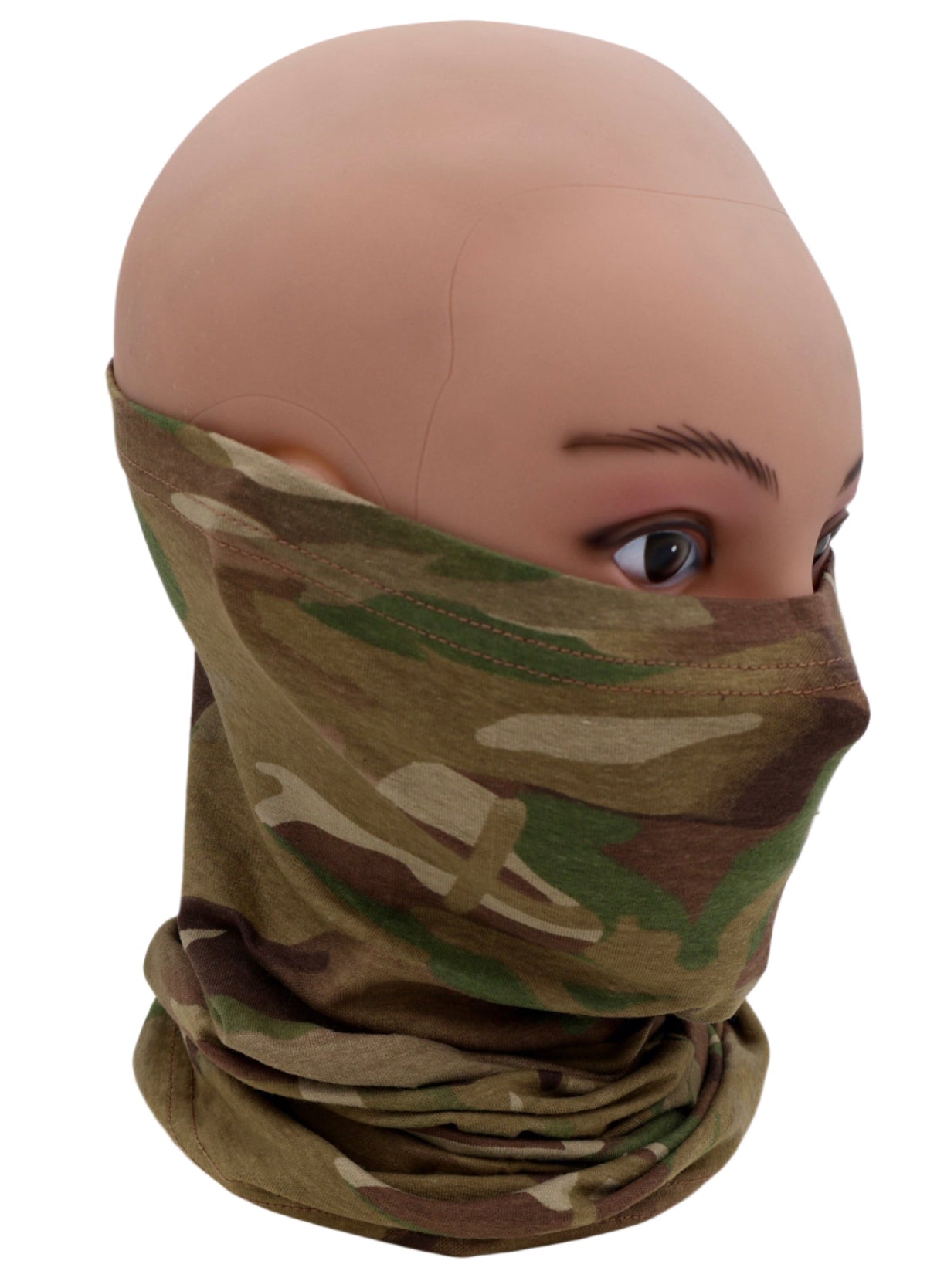 Multicam Camouflage face mask / Neck gaiter  on a mannequin head against a white background
