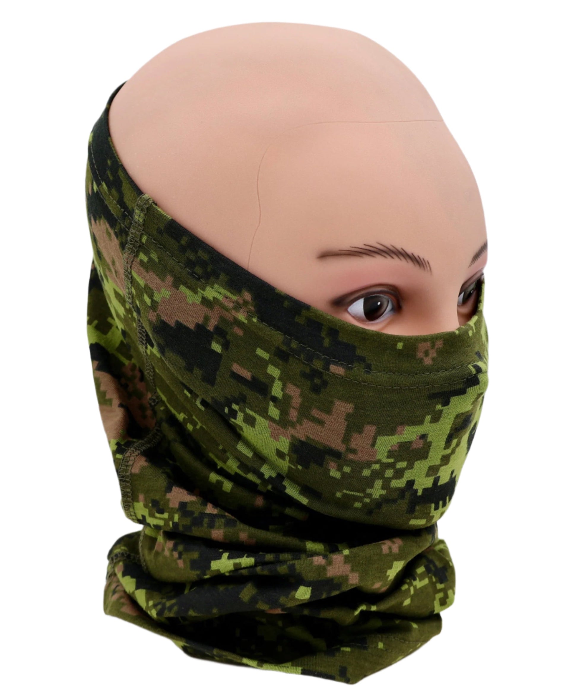 Mannequin head wearing a green camouflage neck gaiter against a white background