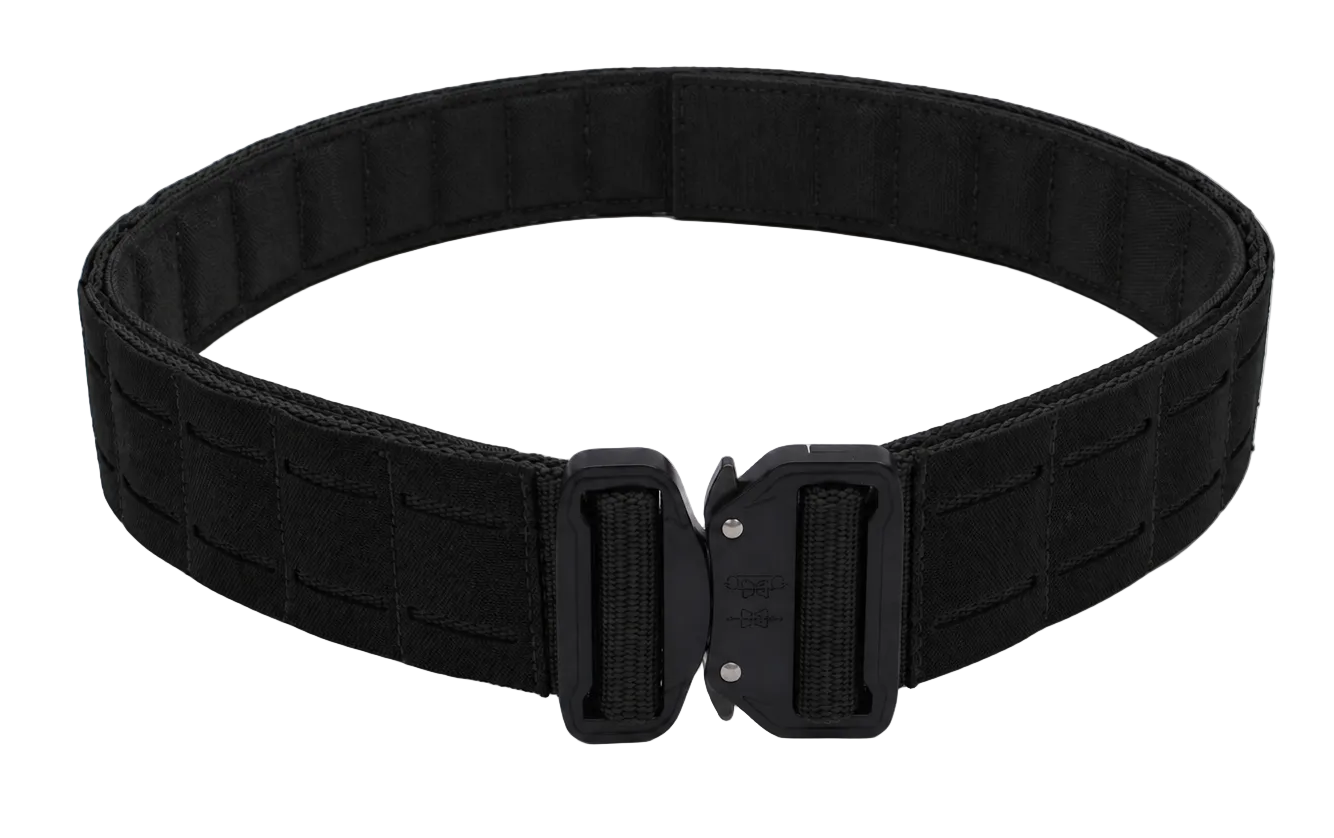 Black tactical belt with a buckle on a white surface