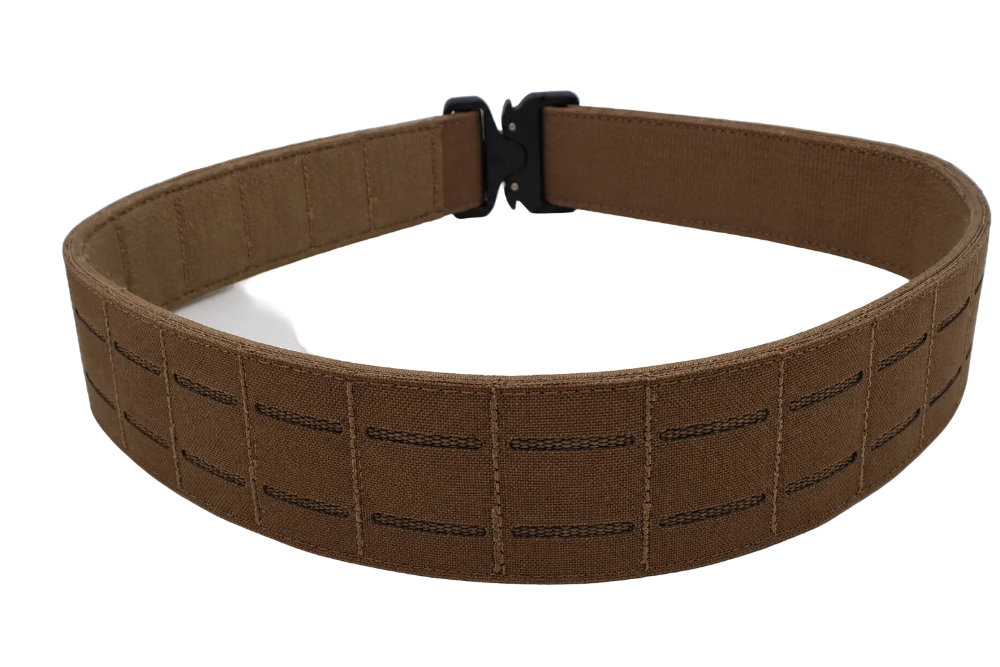 Brown tactical belt with a buckle on a white background
