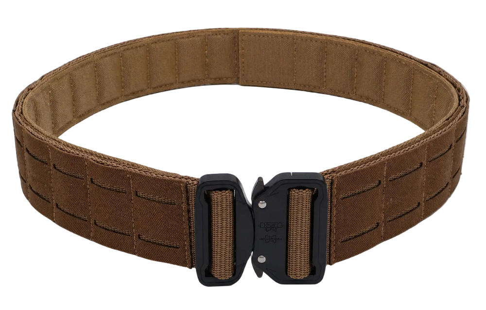 QR Buckle Duty Belt – Two-Belt System & MOLLE Platform Coyote Brown belt on a stand against a white background.