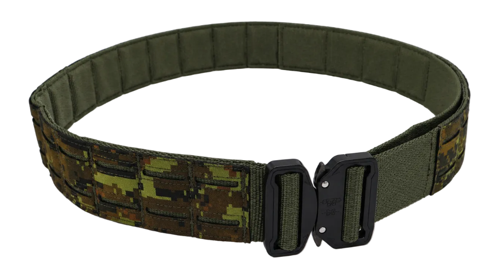 QR Buckle Duty Belt – Two-Belt System & MOLLE Platform Estonian Camo belt on a stand against a white background.