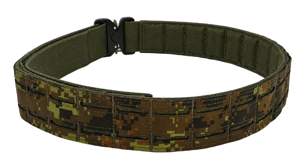 QR Buckle Duty Belt – Two-Belt System & MOLLE Platform CADPAT /Woodland Digital  belt on a stand against a white background.