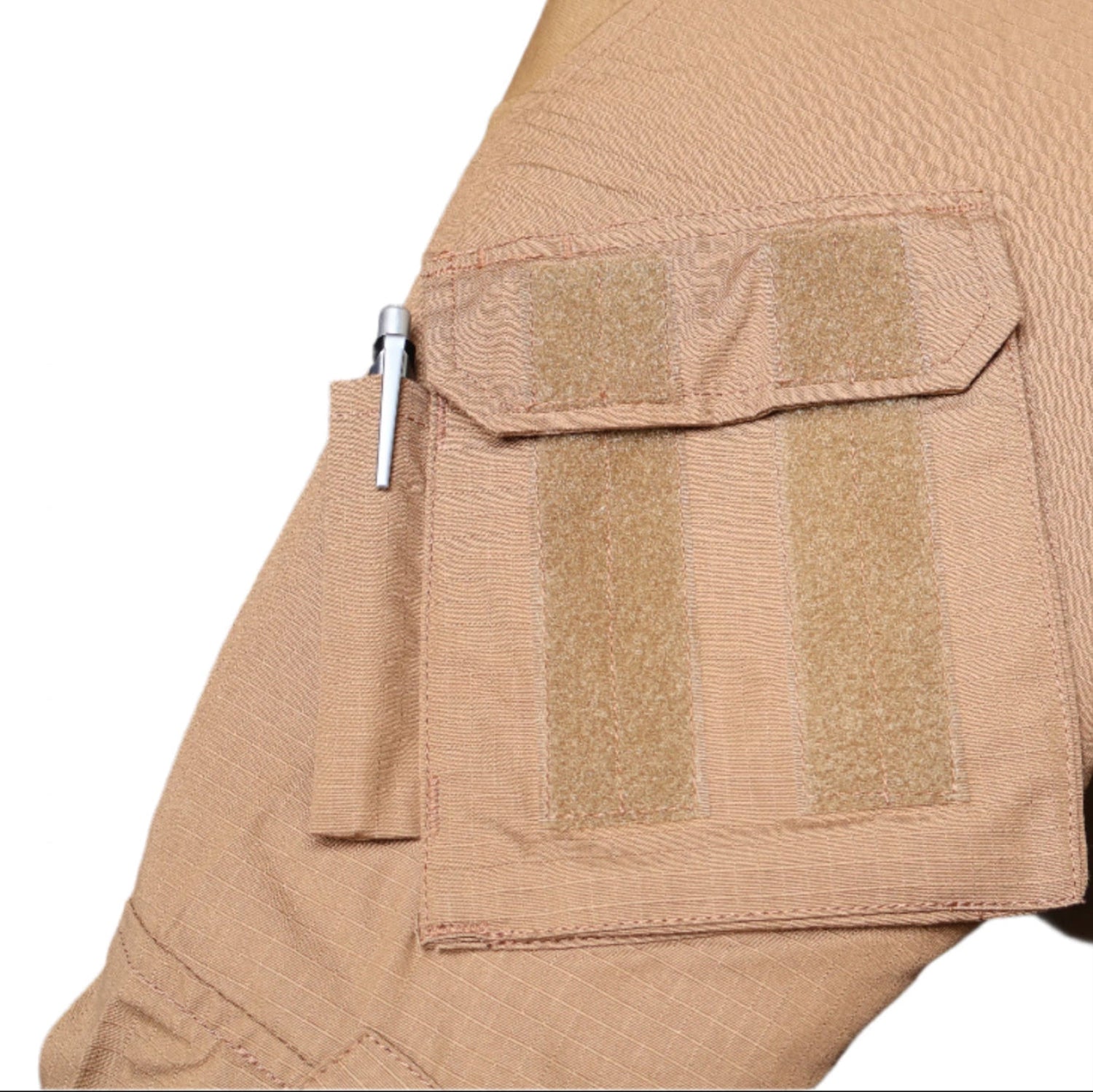 Tan tactical Shirt Arm close picture with a pocket and velcro straps on a white background