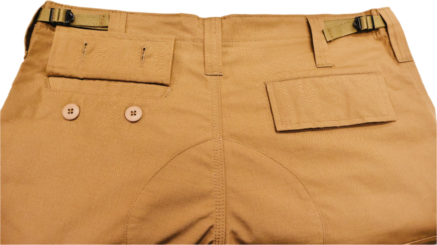 Coyote/Tan  pants with button details on a white background