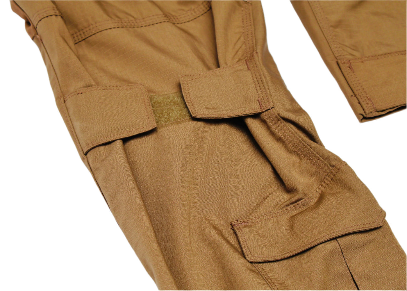Close-up of brown cargo pants on a light gray background