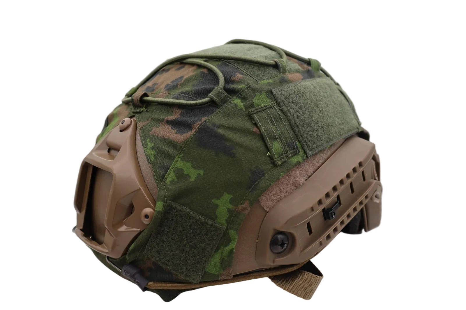 Finish M 05 Camouflage helmet with tactical features on a white surface