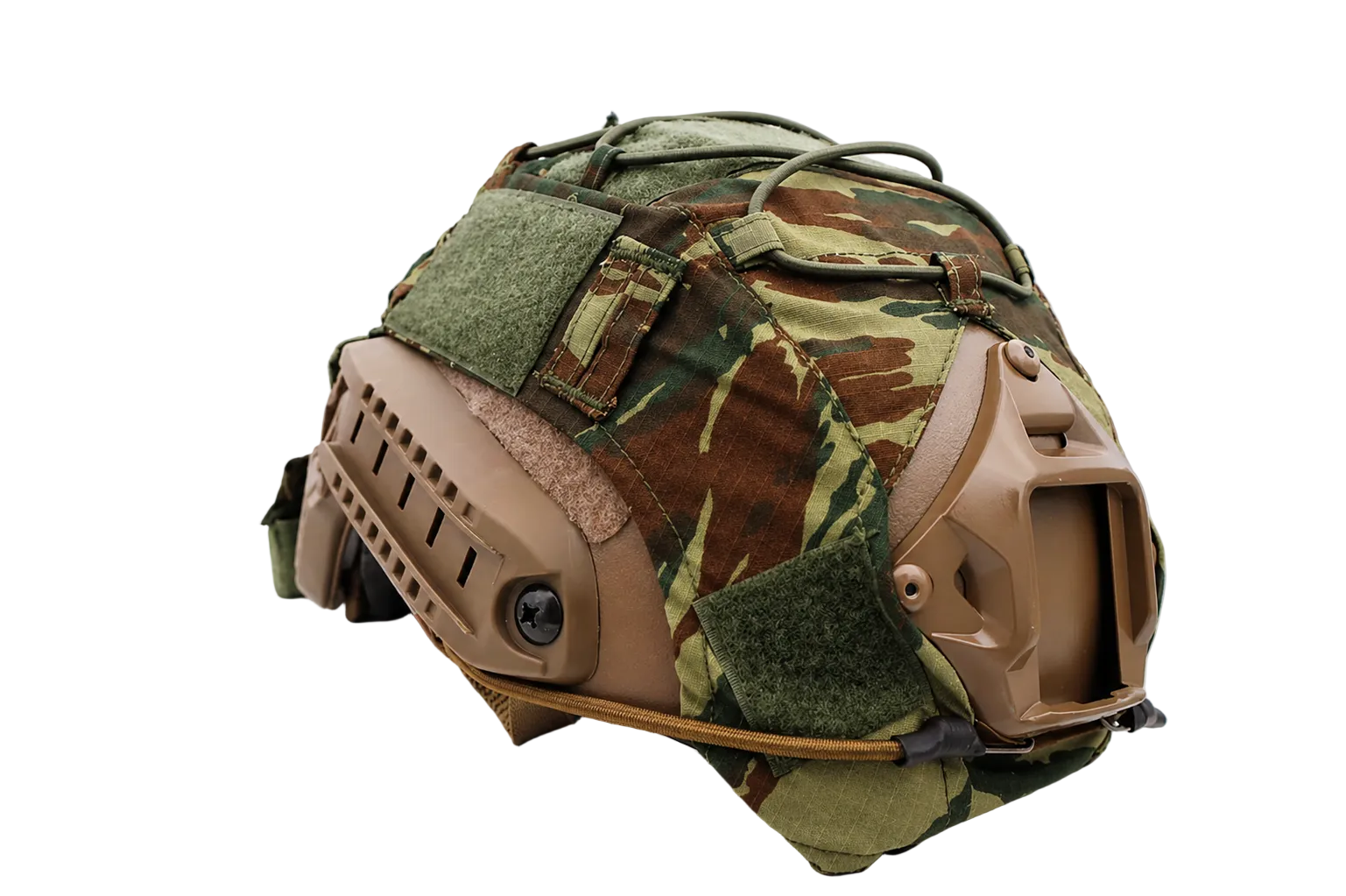 Greek Lizard Camouflage helmet with tactical features on a white surface