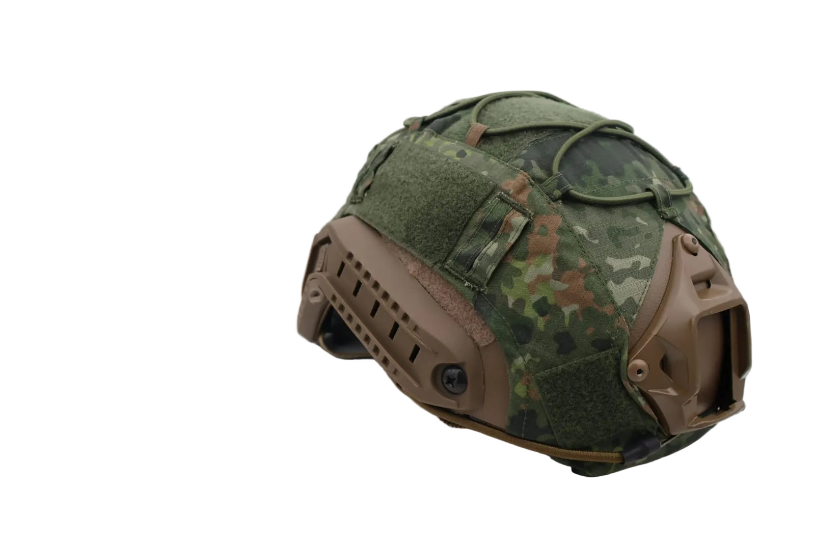 Dutch Camouflage helmet on a white stand with a neutral background