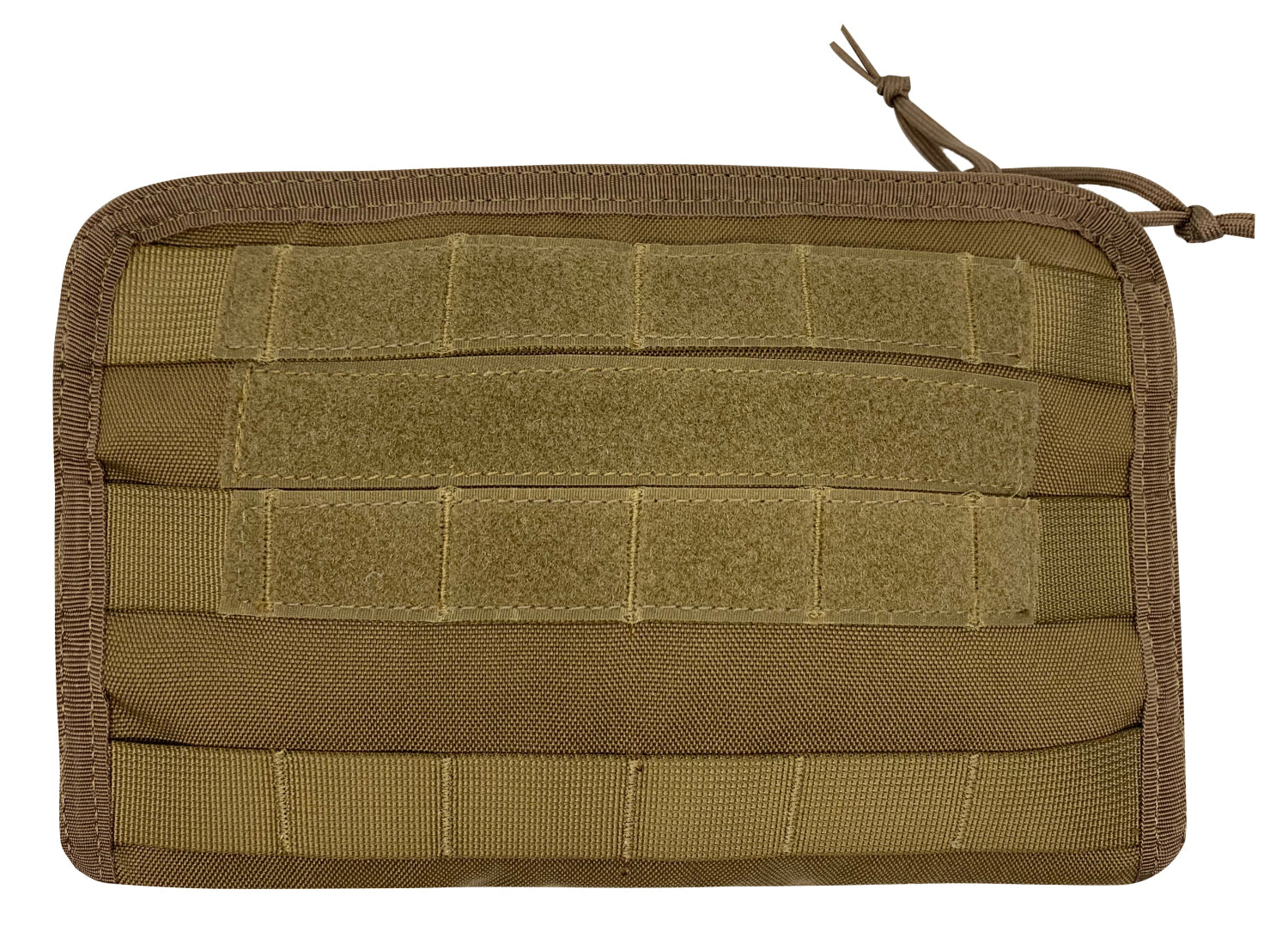 Brown tactical pouch with multiple MOLLE straps on a white background