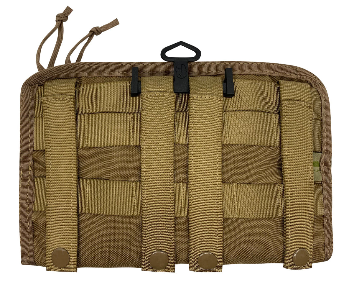 Tactical pouch with multiple pockets and straps on a white background