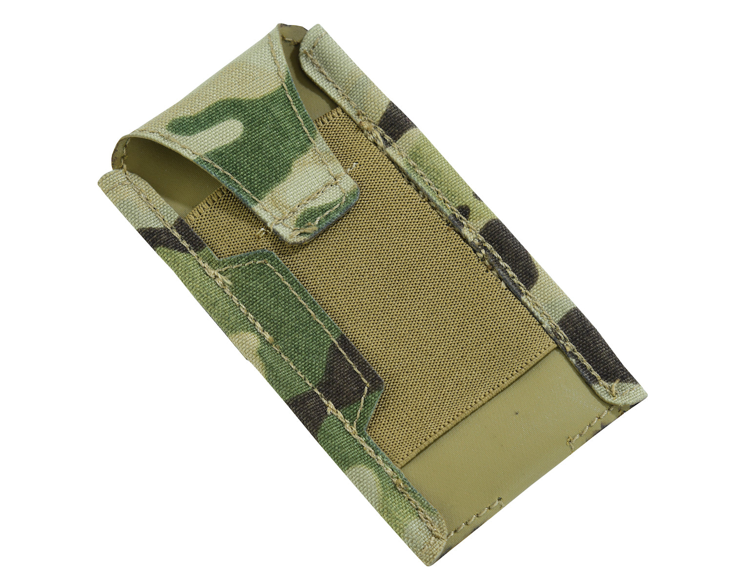 A Multicam / Universal Terrine Pattern  low profile single pistol mag pouch with a Molle system.