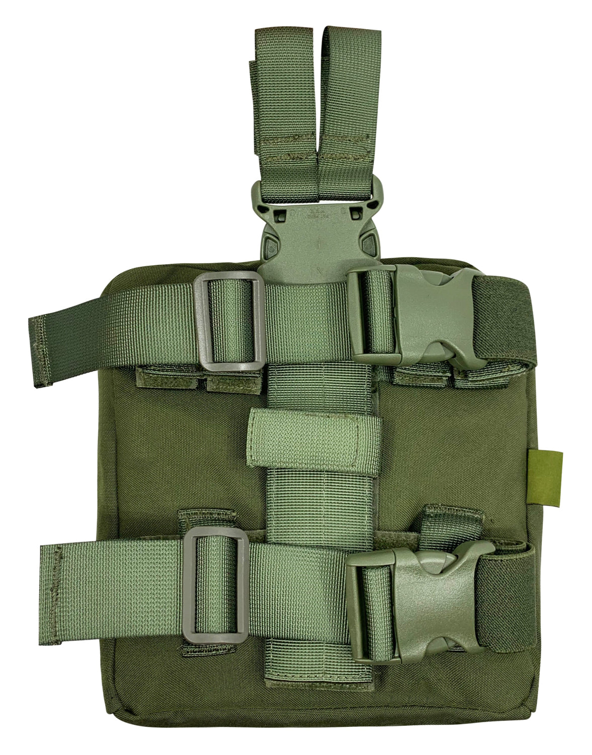 Green tactical pouch with multiple straps on a white background