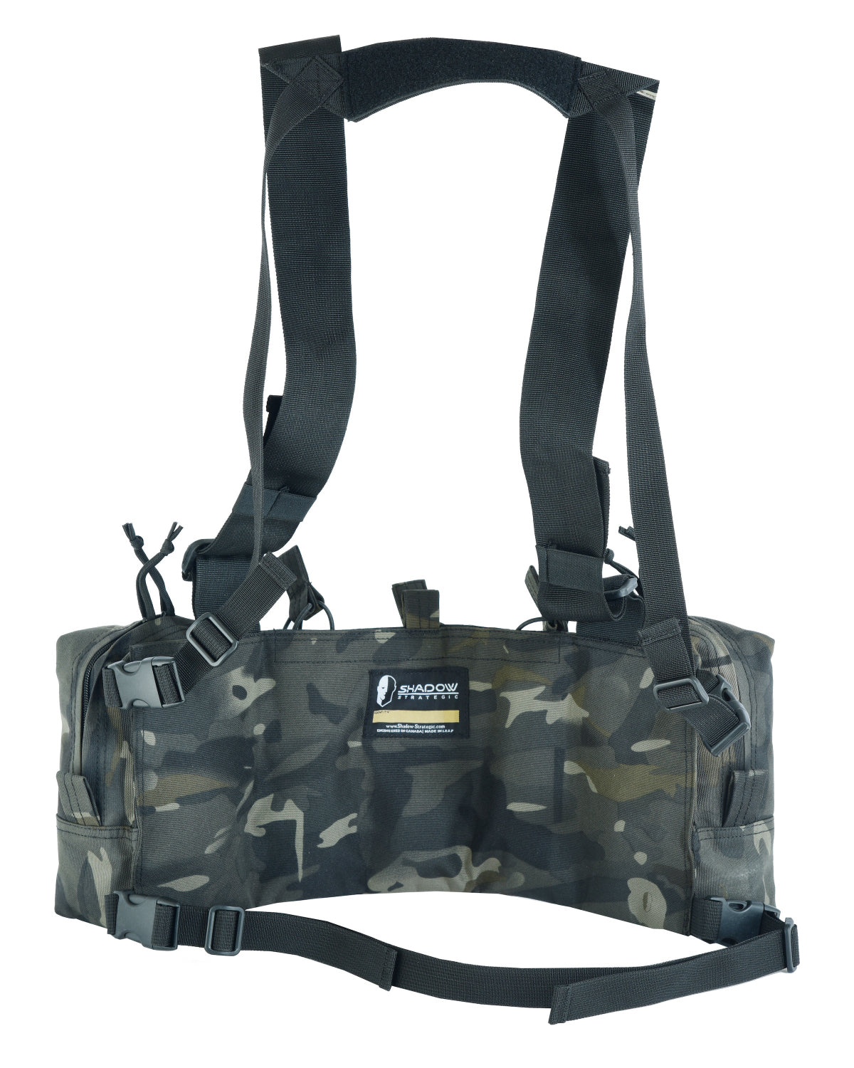 Camouflage-patterned backpack with black straps on a white background
