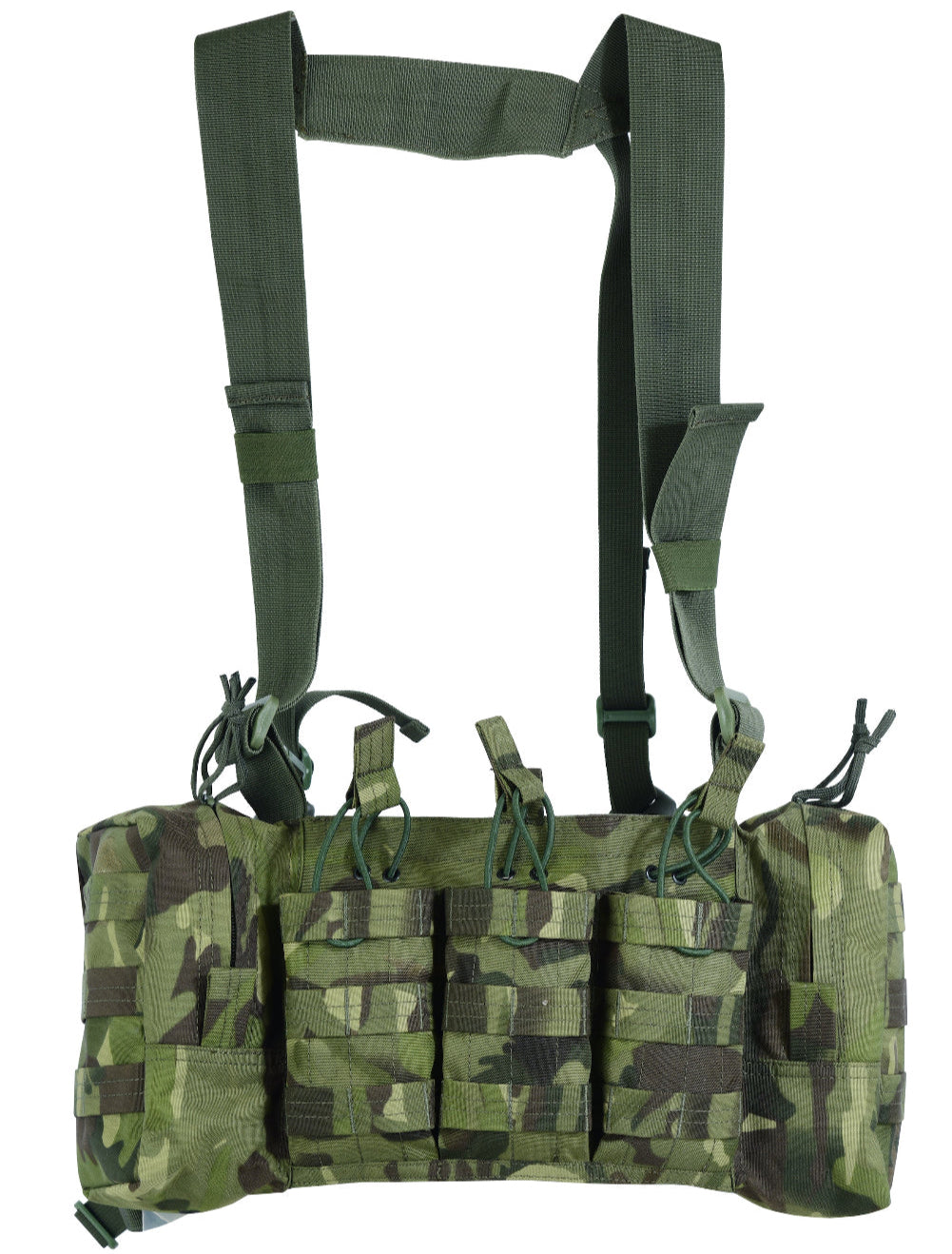Green camouflage tactical vest with shoulder straps on a white background
