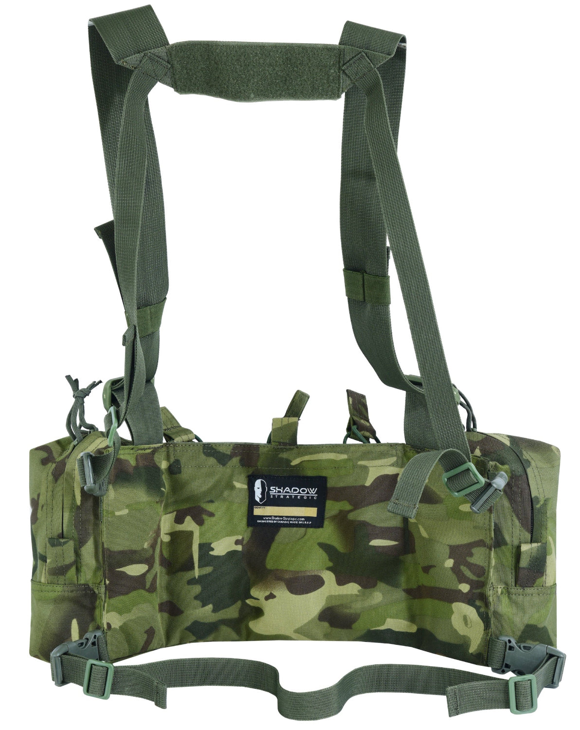 Green camouflage tactical vest with multiple straps on a white background