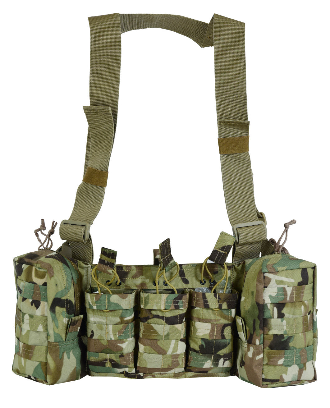 Camouflage tactical vest with multiple pouches on a white background