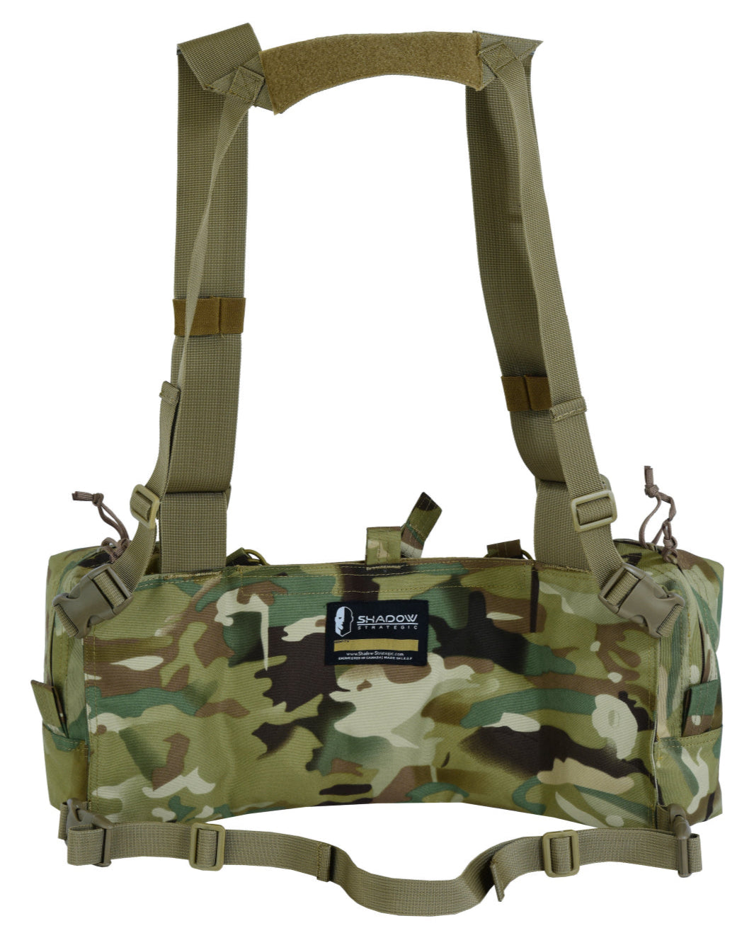 Camouflage tactical Chest Rig with multiple straps on a white background