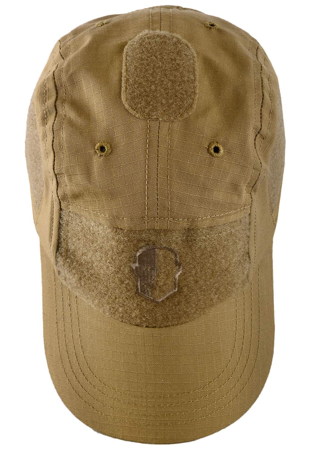 Tan tactical cap with patches on a white background