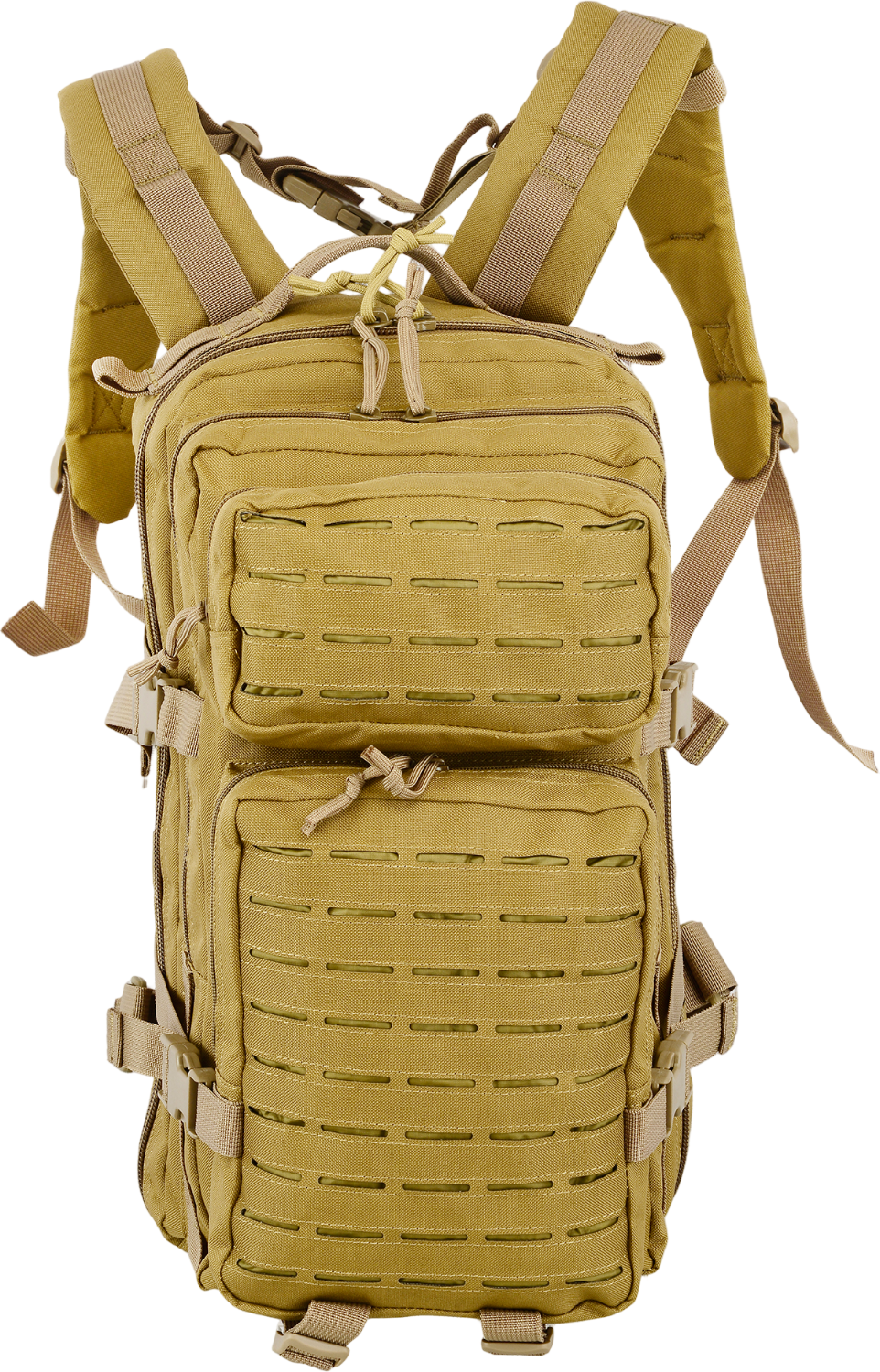 A Coyote backpack with multiple compartments and adjustable straps, equipped with a hydration sleeve and additional external pouches.