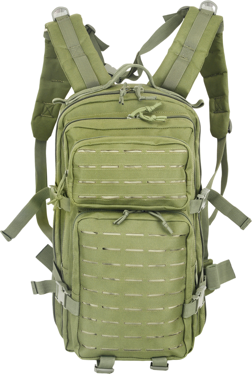 A Olive Green backpack with multiple compartments and adjustable straps, equipped with a hydration sleeve and additional external pouches.