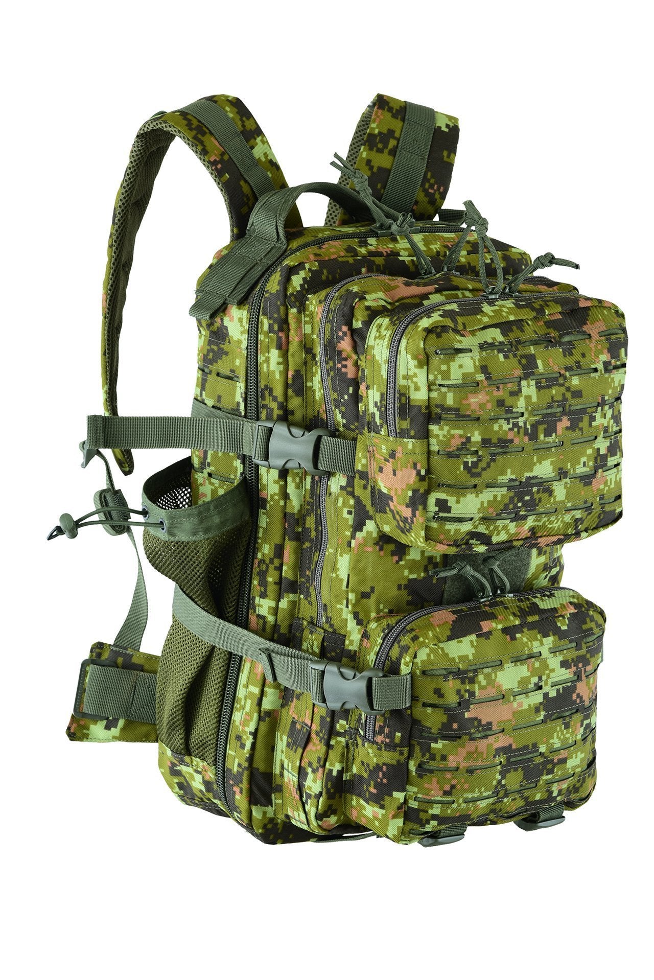 Front view of A CadPat / Estonian camouflage backpack with multiple compartments and adjustable straps, equipped with a hydration sleeve and additional external pouches.