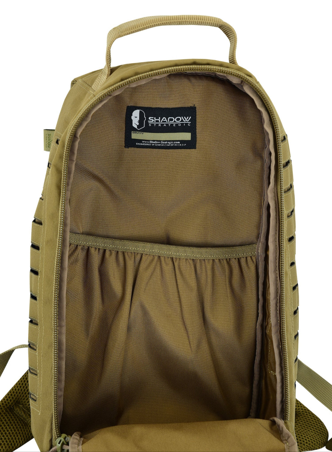 Brown backpack with a visible brand label on a white background